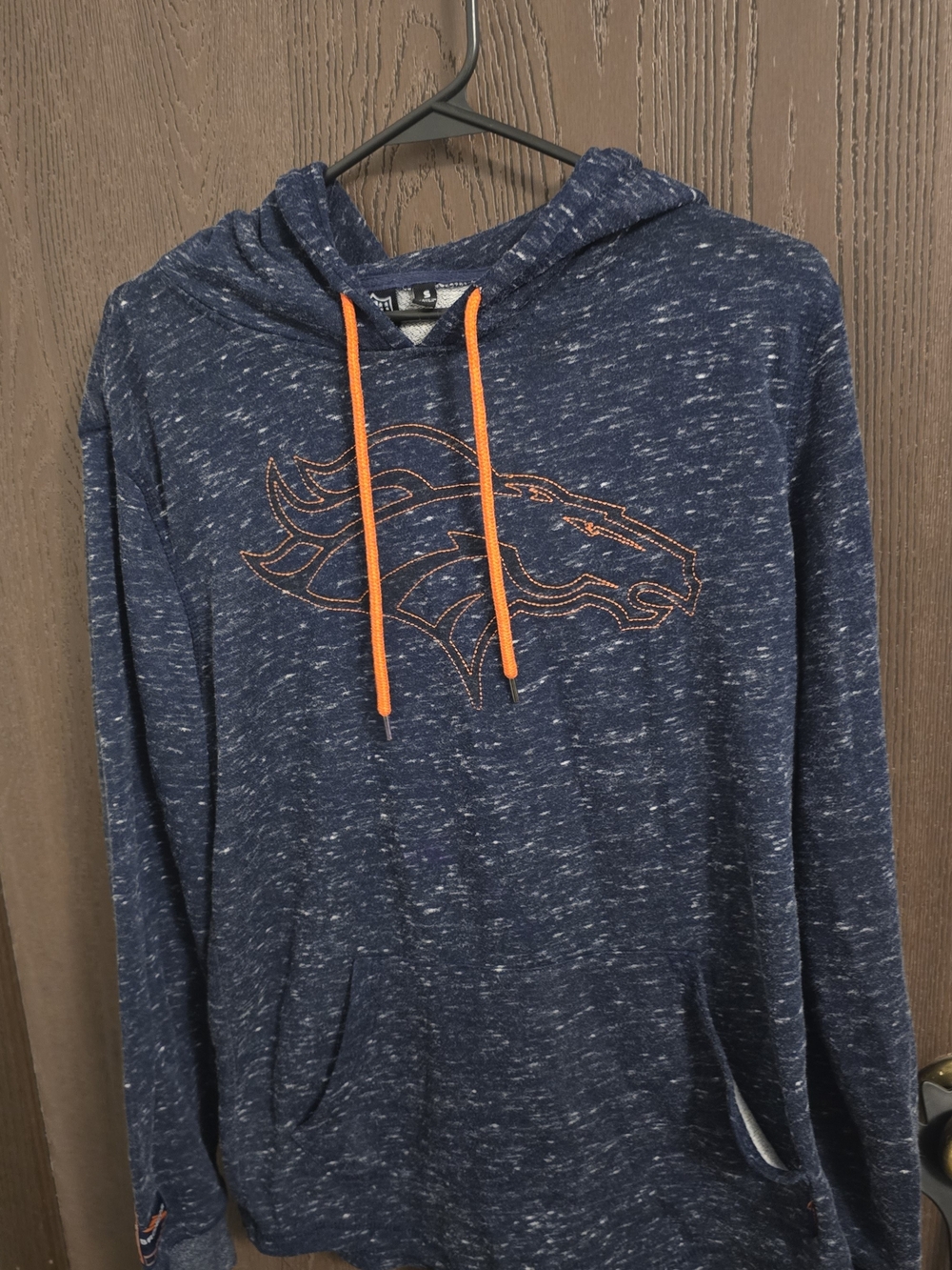 NFL Denver Broncos Heather Navy Pullover Hoodie with Bright Orange Drawstrings